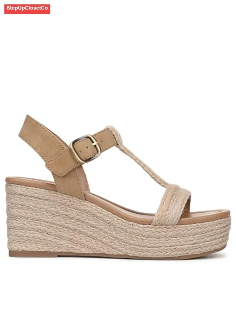 Strappy Wedge Sandals with Faux Jute Upper, Open Toe, Ankle Buckle